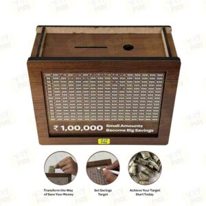 ₹1,00,000 Wooden Money Saving Challenge Box – Daily Savings Tracker, 100 Envelope Goal Piggy Bank for Adults & Kids